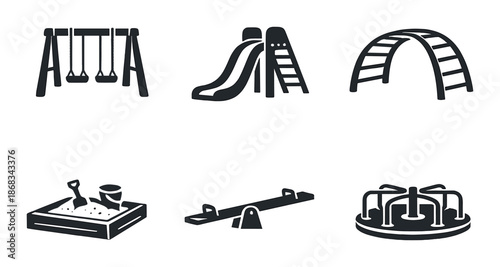 Playground equipment sketch: swings, slide, jungle gym, sandbox, seesaw, merry-go-round
