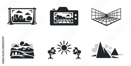 Abstract icons of photography elements including landscape and lighting concepts