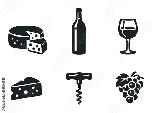 Wine and cheese icons: bottle, glass, cheese, corkscrew, grapes on dark background