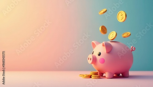 Cute piggy bank icon with falling coins Flat style illustration , piglet, coins