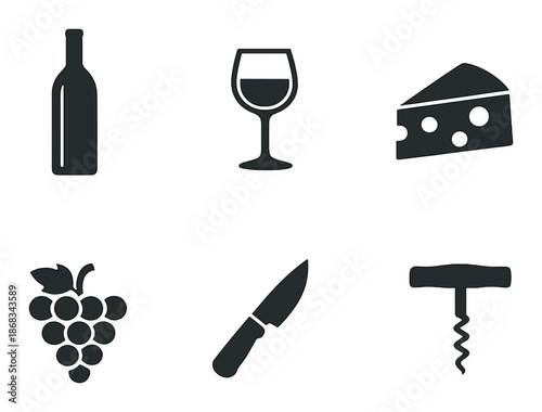 Wine and cheese minimalist icon set with knife and corkscrew on dark background
