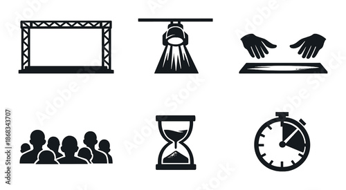 Minimalist theater icons: stage, spotlight, hands, audience, hourglass, stopwatch