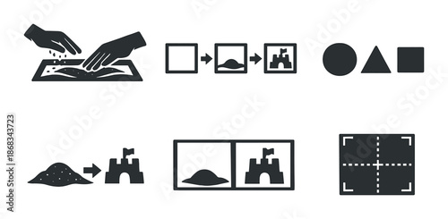 Hands creating sandcastle with shape progression diagrams and geometric shapes