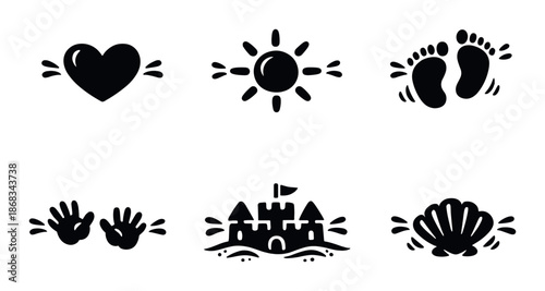 Beach symbols: heart, sun, footprints, hands, sandcastle, shell