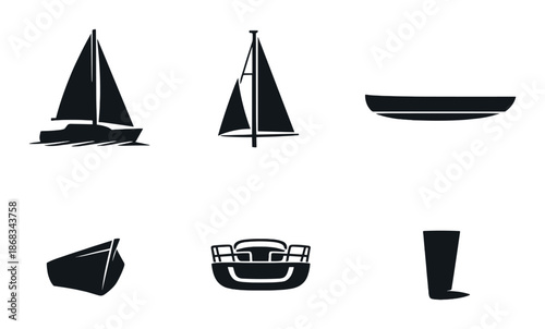 Minimalist nautical icons on dark background featuring boats and sails