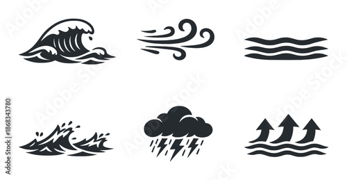 Monochrome weather symbols displaying waves, wind, clouds, and rain