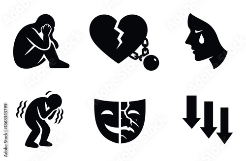 Symbols depicting emotional struggles: sadness, heartbreak, anxiety, depression, stress relief