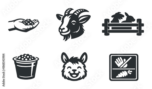 Farm animal icons on gray background featuring goat, sheep, and petting zoo symbols
