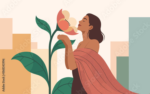 Woman in urban landscape admiring a flower illustration