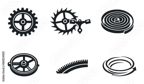 Black and white gear and wheel icons with gradient background