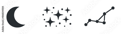 Night skyline with crescent moon, stars, and constellation symbols on gradient background