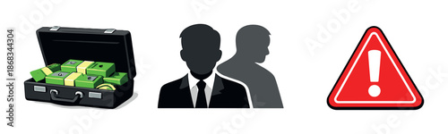 Business risk: money briefcase, anonymous men, and warning sign illustration
