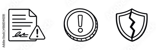 Document warning, coin alert, and broken shield icons on metallic background