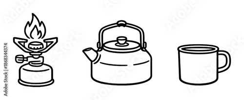 Camping stove with kettle and mug line art on gray background