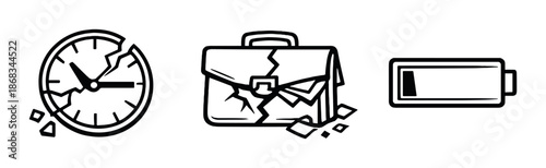 Shattered clock briefcase battery icons on dark background