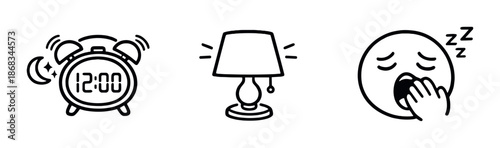 Nocturnal symbols: alarm clock, lamp, and yawning face icons on dark background