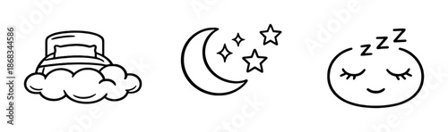 Sleep symbols: cloud bed, moon with stars, and sleeping face icons on dark background