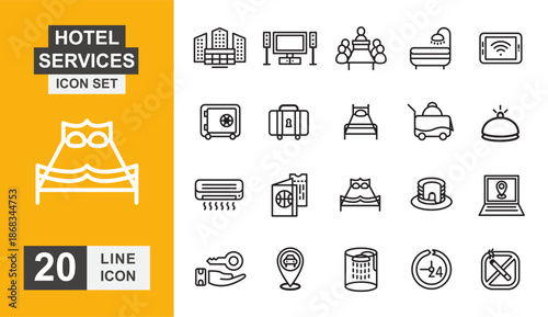 Hotel service icon set. Hotel, room, booking, reception, comfort, bed and more line icon.
