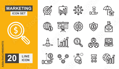 Marketing icon set. Management, business, target, idea, analysis and more line icon.