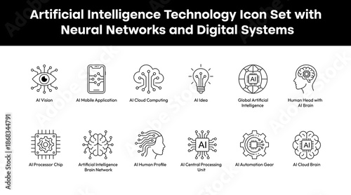 Artificial Intelligence Technology Icon Set with Neural Networks and Digital Systems