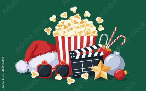 A festive holiday movie night scene with popcorn, decorations, and 3D glasses