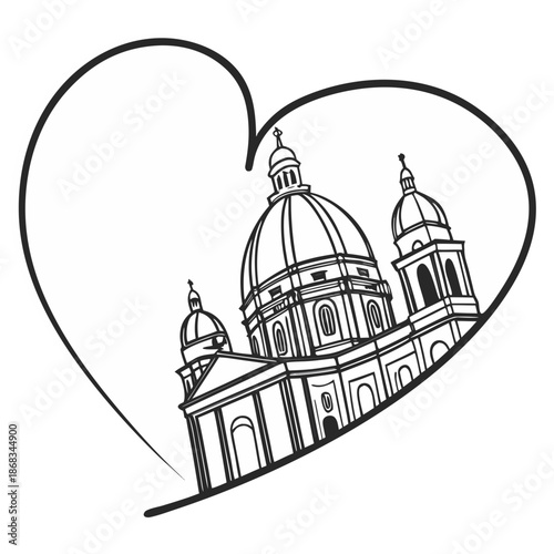 Illustration of a church with domes enclosed in a heart shape symbolizing love and architecture