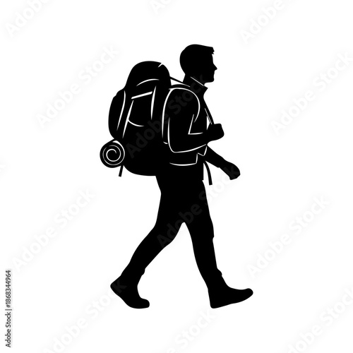 Silhouette of a hiker with a backpack walking with determination on a white background