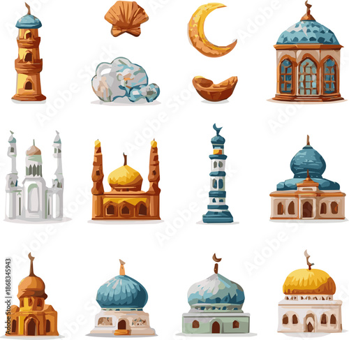 Create a kinds of deferent Eid elements vector art with white background.