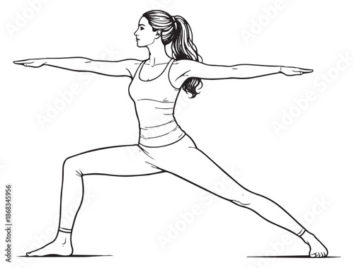 Hand drawn line art illustration of woman depicting warrior pose in yoga for fitness and wellness concepts