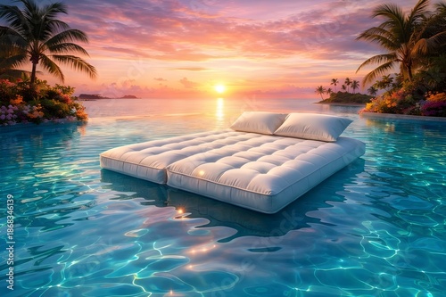 Luxury Floating Bed in Infinity Pool at Tropical Sunset – Relaxation and Summer Vacation Concept