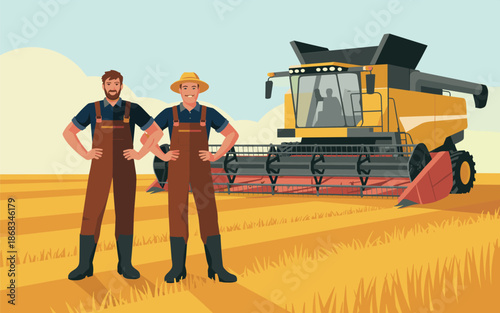 Two farmers standing confidently beside a combine harvester in a vast golden wheat field under a clear blue sky