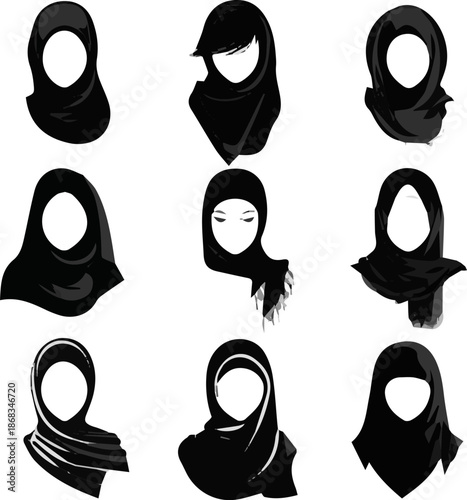 Create a kinds of deferent modern hijab elements vector art with white background.