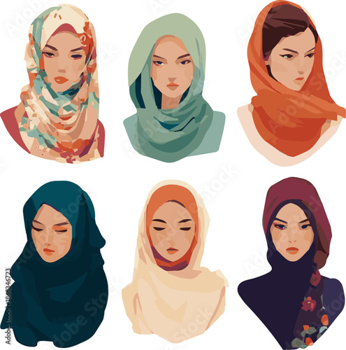 Create a kinds of deferent modern hijab elements vector art with white background.