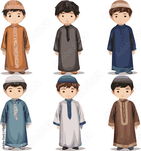 Create a kinds of deferent Muslim boy dress vector art with white background.