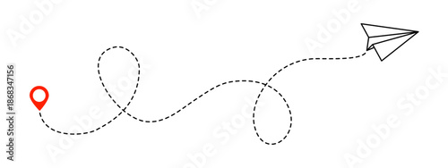 Paper airplane, path travel route with start point and dash line trace for plan vector illustration