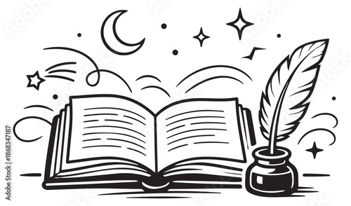 Hand drawn line art illustration of an open book with a quill and inkwell depicting storytelling for creative writing