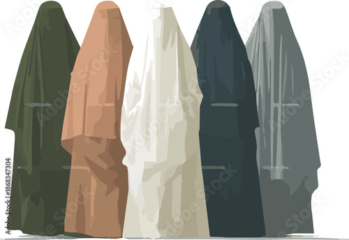 Create a kinds of deferent Muslim burqa vector art with white background.
