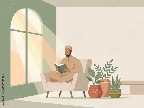 Peaceful Muslim Man Reading Quran at Home During Ramadan with Sunlight Streaming Through Window