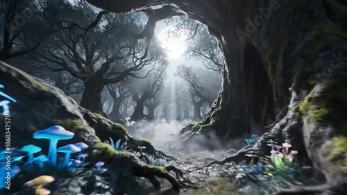 Enchanted Forest with Glowing Mushrooms and Misty Atmosphere