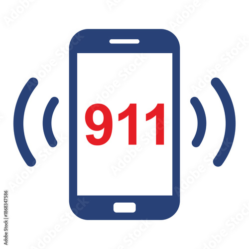 Minimal emergency call icon showing a smartphone with red “911” on the screen and blue signal waves. Clean, modern vector design suitable for safety, emergency services, and alert concepts.
