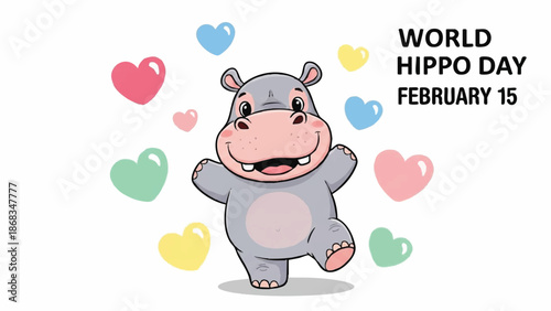 Cute cartoon hippo celebrating World Hippo Day with hearts.
