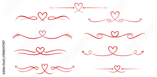 Romantic red heart love dividers elegant decorative borders for wedding Valentines Day hand drawn graphic scroll design