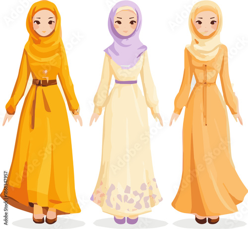 Create a kinds of deferent Muslim girl dress vector art with white background.