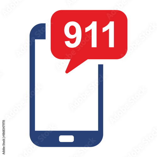 Minimal emergency call icon showing a smartphone with red “911” on the screen and blue signal waves. Clean, modern vector design suitable for safety, emergency services, and alert concepts.