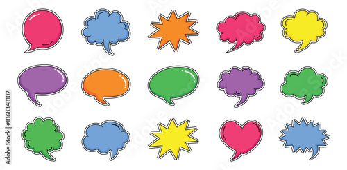 Vibrant colorful speech bubbles diverse chat boxes thought clouds doodle style communication icons graphic vector for