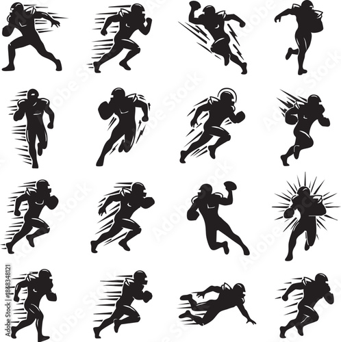Set of sixteen dynamic silhouettes illustrating American football players running passing and tackling in fast motion poses