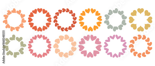 Simple circular frame set made of bold hearts shapes arranged in a clean, modern ring. Minimal and playful design perfect for Valentines Day, love themed graphics, cards, stickers, and invitations
