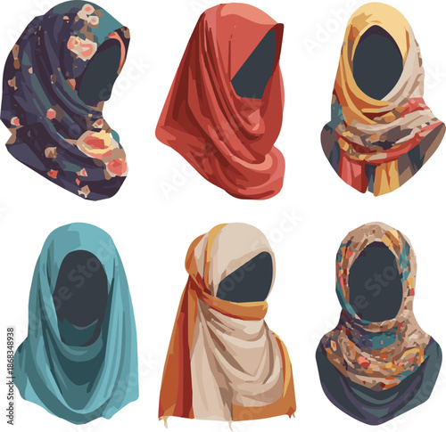 Create a kinds of deferent Muslim hijab elements vector art with white background.