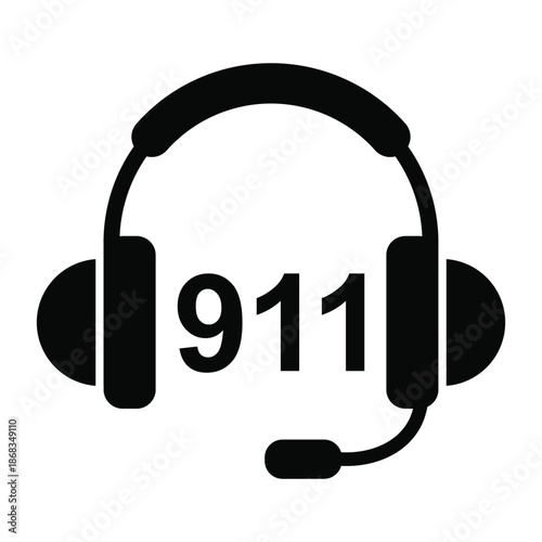 Black and white vector icon of a headset with “911” in the center, representing emergency dispatch, call center support, and urgent communication services. Clean, bold design for safety and emergency 