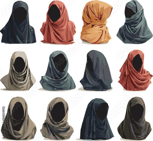 Create a kinds of deferent Muslim hijab elements vector art with white background.